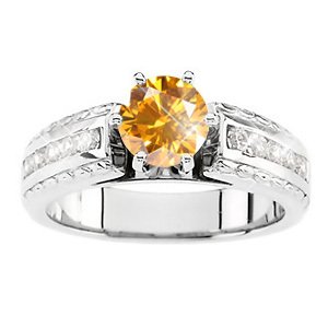 Cathedral Channel Set Engagement Platinum Ring with Fancy Orange-Yellow Diamond