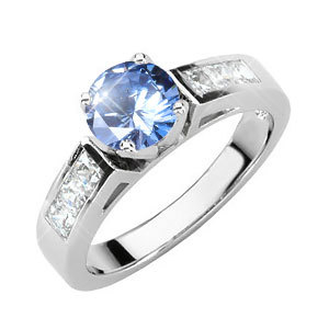 Cathedral Channel Set Engagement 14K White Gold Ring with Fancy Blue Diamond 