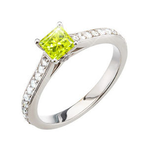Stunning Princess Cut Engagement 14K White Gold Ring with Greenish-Yellow Diamond