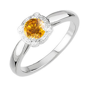 Elegant Halo Engagement 14K White Gold Ring with Fancy Orange-Yellow Diamond