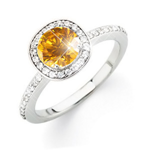 Pave Halo Engagement Platinum Ring with Orange-Yellow Diamond