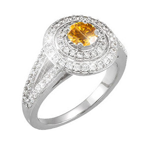 Split Shank Platinum Halo Engagement Ring with Fancy Orange-Yellow Diamond