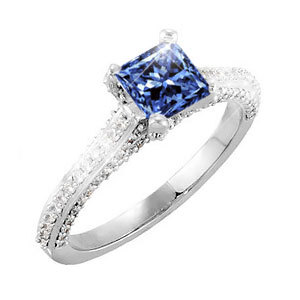 Cathedral Engagement 18K White Gold Ring with square cut Fancy Blue Diamond