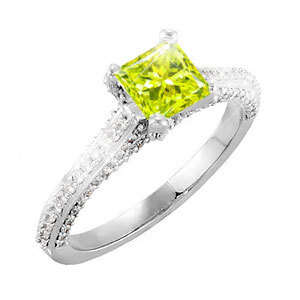 Cathedral Engagement 14K White Gold Ring with square cut Fancy Greenish-Yellow Diamond