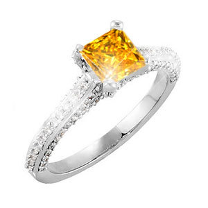 Cathedral Engagement 14K White Gold Ring with square cut Fancy Orange-Yellow Diamond