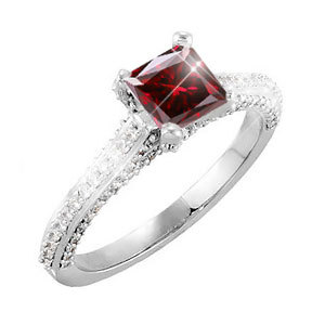 Cathedral Engagement Platinum Ring with square cut Fancy Deep Red Diamond