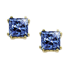 Modern Twin-Prong Princess Cut 14K Yellow Gold Stud Earrings with Blue Diamonds
