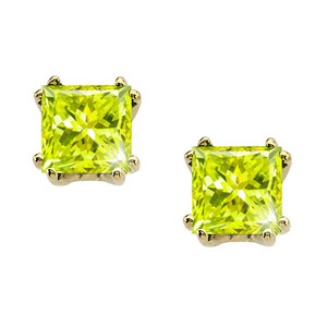 Modern Twin-Prong Princess Cut 14K White Gold Stud Earrings with Greenish-Yellow Diamonds