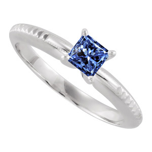 4-prong Elegant Engraved Solitaire 14K White Gold Ring with Blue Diamond