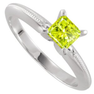 4-prong Fine Engraved Solitaire 14K White Gold Ring with Greenish-Yellow Diamond