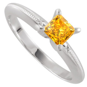 4-prong Fine Engraved Solitaire 14K White Gold Ring with Orange-Yellow Diamond