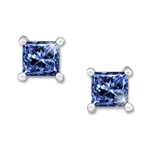 Princess Cut Platinum Stud Earrings with Blue Diamonds