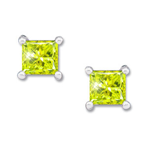 Princess Cut 14K White Gold Stud Earrings with Greenish-Yellow Diamonds