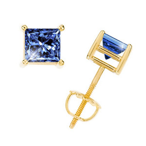 Princess Cut 18K Yellow Gold Stud Earrings with Blue Diamonds