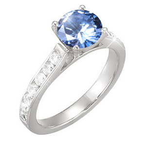 Channel Set Cathedral 14K White Gold Engagement Ring with Fancy Blue Diamond