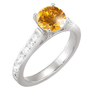 Channel Set Cathedral 14K Yellow Gold Engagement Ring with Fancy Orange-Yellow Diamond