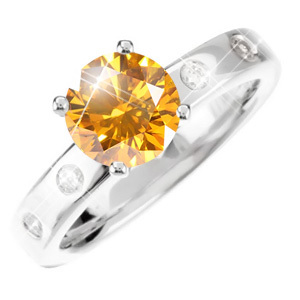 4-Prong Shoulder Set Engagement Platinum Ring with Fancy Orange-Yellow Diamond 