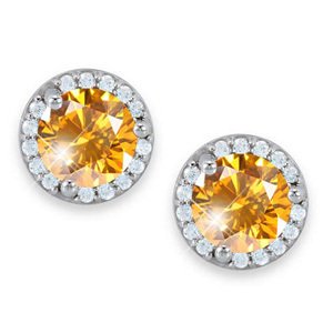 Halo Martini Style Stud 18K White Gold Earrings with Fancy Orange-Yellow Diamonds