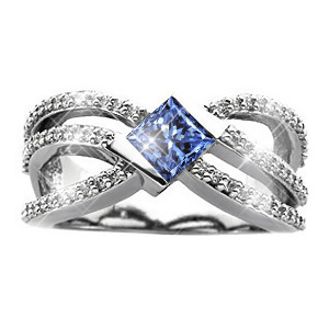 Crown Princess Cut Platinum Ring with Fancy Blue Diamond
