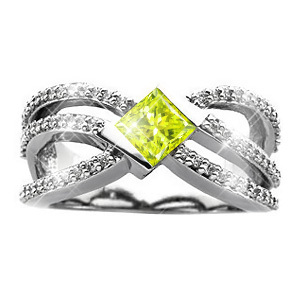 Crown Princess Cut 18K White Gold Ring with Fancy Greenish-Yellow Diamond