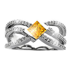 Crown Princess Cut 14K White Gold Ring with Fancy Orange-Yellow Diamond