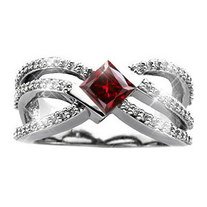 Crown Princess Cut 18K White Gold Ring with Fancy Deep Red Diamond